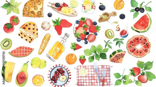 Fruits and yeast, park picnic scene, flat design, top view, summer day theme, water color, vivid