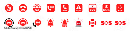 Collection set of red SOS Emergency icons. Contains an emergency, or danger alert, vector illustration of SOS help signs.