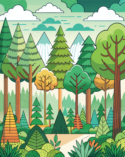 forest landscape with trees and bushes-