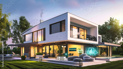 A modern luxury home with large glass windows, surrounded by greenery, showcasing advanced smart home technology under a twilight sky.