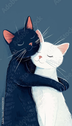 Illustration of two tender cats, one black and one white, hugging each other. Romantic love Valentine day wedding courtship card