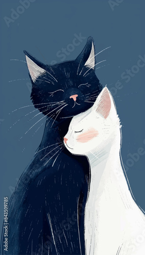 A black cat with white whiskers and a white cat with closed eyes are cuddling in a beautiful digital illustration. Romantic love Valentine day wedding courtship card