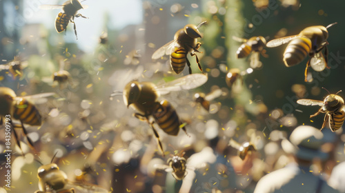 A mesmerizing close-up of bees in mid-flight, their detailed wings shimmering with the golden light of the sun against a blurred outdoor background.