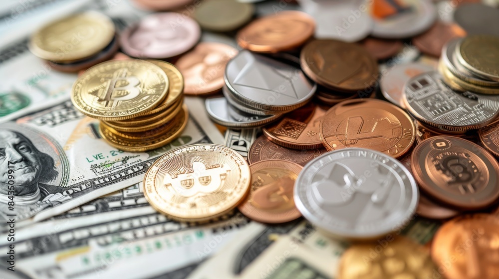 An image of an assortment of physical cryptocurrency coins and paper money, comparing traditional and digital currencies. --ar 16:9 --quality 0.5 Job ID: 4e2c8085-c9c9-4c2c-ac27-b1225c72eadf