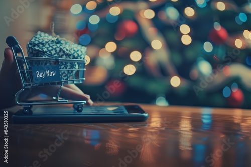 A close-up of a hand holding a miniature shopping cart filled with a gift, resting on a smartphone, with a blurred Christmas tree background.