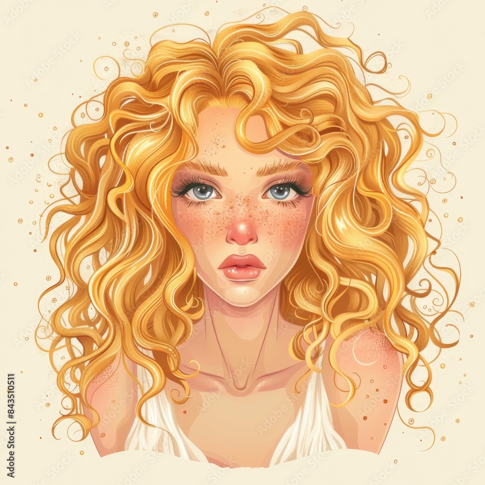 Curly Hair Cartoon. Girl Portrait - Aries Zodiac Sign Hand Drawn Illustration Curly Hair Cartoon. Girl Portrait - Aries Zodiac Sign Hand Drawn Illustration