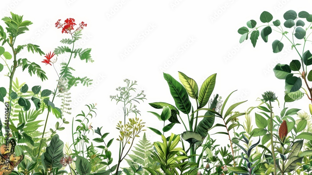 Botanical illustration with diverse plants - An artistic display of diverse plants with vibrant foliage and blooms on a plain background Botanical illustration with diverse plants - An artistic display of diverse plants with vibrant foliage and blooms on a plain background