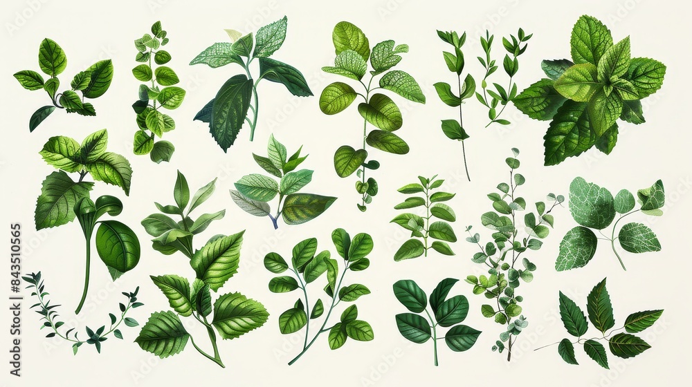 Assorted botanical illustration of green leaves - An artistic display featuring various green leaves in a vintage botanical illustration style