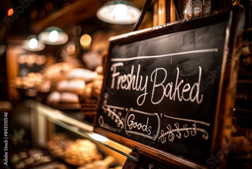 A close-up of a chalkboard sign advertising freshly baked goods in a warm, inviting cafe setting.