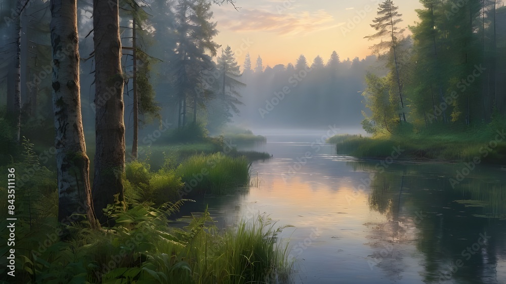 Obraz premium a peaceful riverside forest at dawn