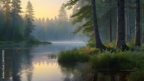 a peaceful riverside forest at dawn © Hastuti