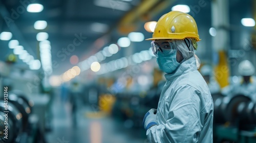 Workers in a factory wearing protective gear, helmets, gloves, and safety goggles, operating machinery, clean and organized workspace, atmosphere of safety and efficiency, photography, captured with
