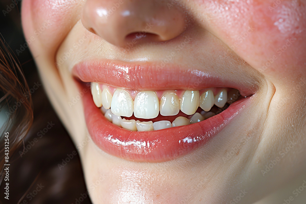 Fototapeta premium Female smiling mouth with bright lips, large perfect teeth. AI generated.