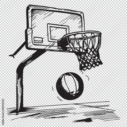 Drawing of basketball going into hoop, black vector illustration on transparent background