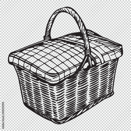 Drawing of realistic picnic basket, black vector illustration on transparent background