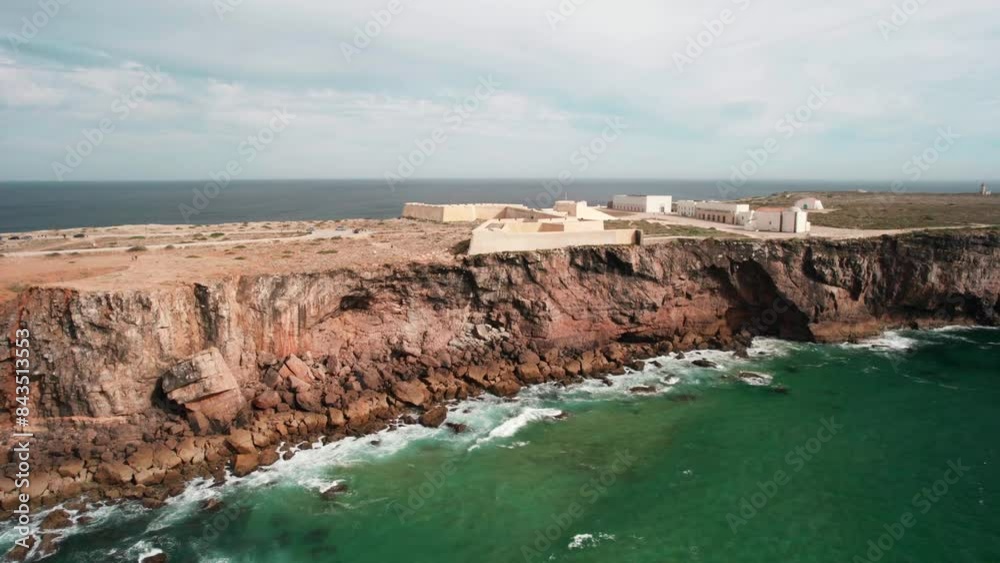 Aerial View of Beach, Coastline, Sea, and Fortress of Sagres Algarve Portugal Aerial View of Beach, Coastline, Sea, and Fortress of Sagres Algarve Portugal