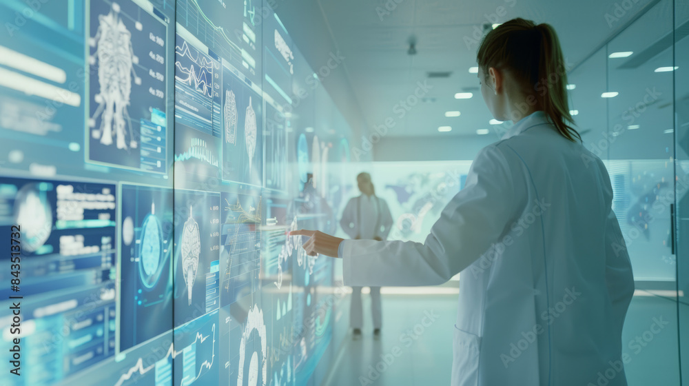 A team of medical professionals interacts with large, transparent touchscreens displaying detailed medical data, immersed in a high-tech medical facility.