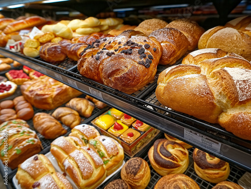 A bakery display with a variety of pastries and breads. Scene is inviting and delicious