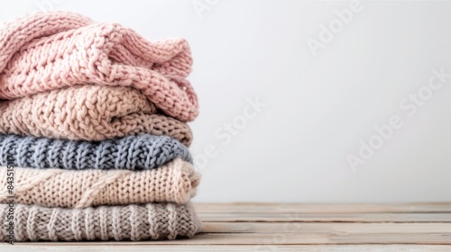 A stack of pastel colored knitted sweaters. © Grigor