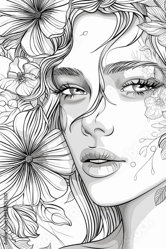  Coloring Book Page with Flowers and a womans face