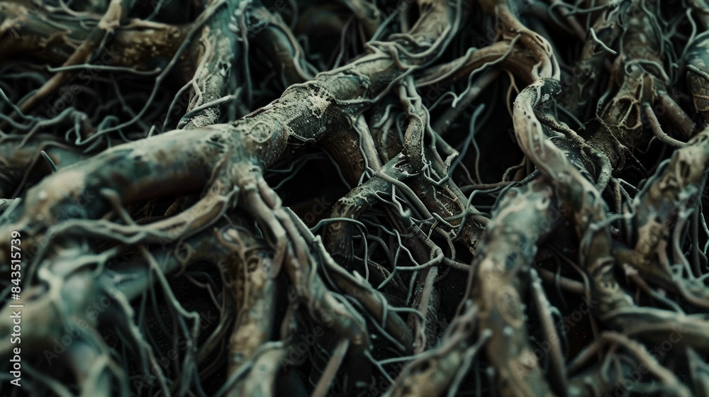 Gnarled, twisted barren tree roots sprawled across the ground, capturing an eerie and ancient vibe. Gnarled, twisted barren tree roots sprawled across the ground, capturing an eerie and ancient vibe.