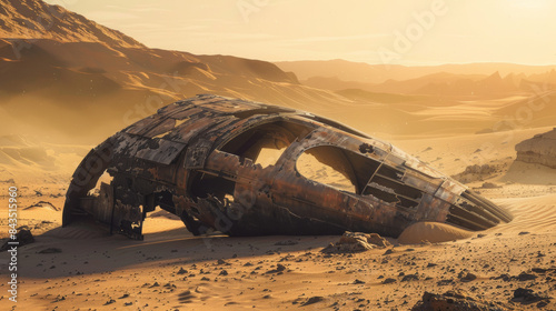 A rusted spaceship wreck lies half-buried in the golden sands of a vast desert, painting a mysterious and desolate scene.