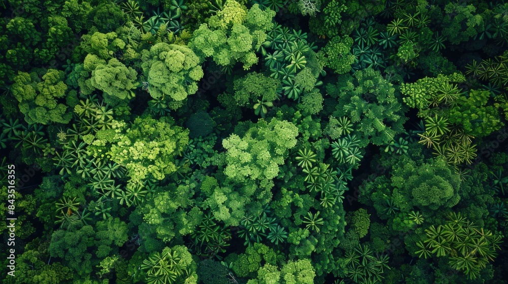 Aerial top view of a dense green forest landscape background. Aerial top view of a dense green forest landscape background.