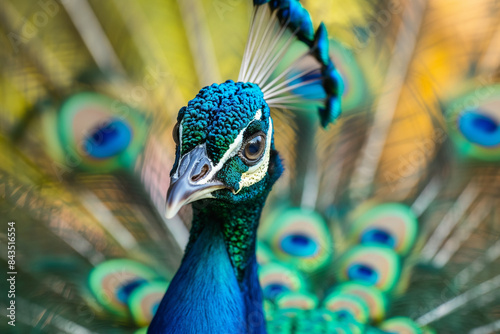 Close-up of a vibrant peacock head