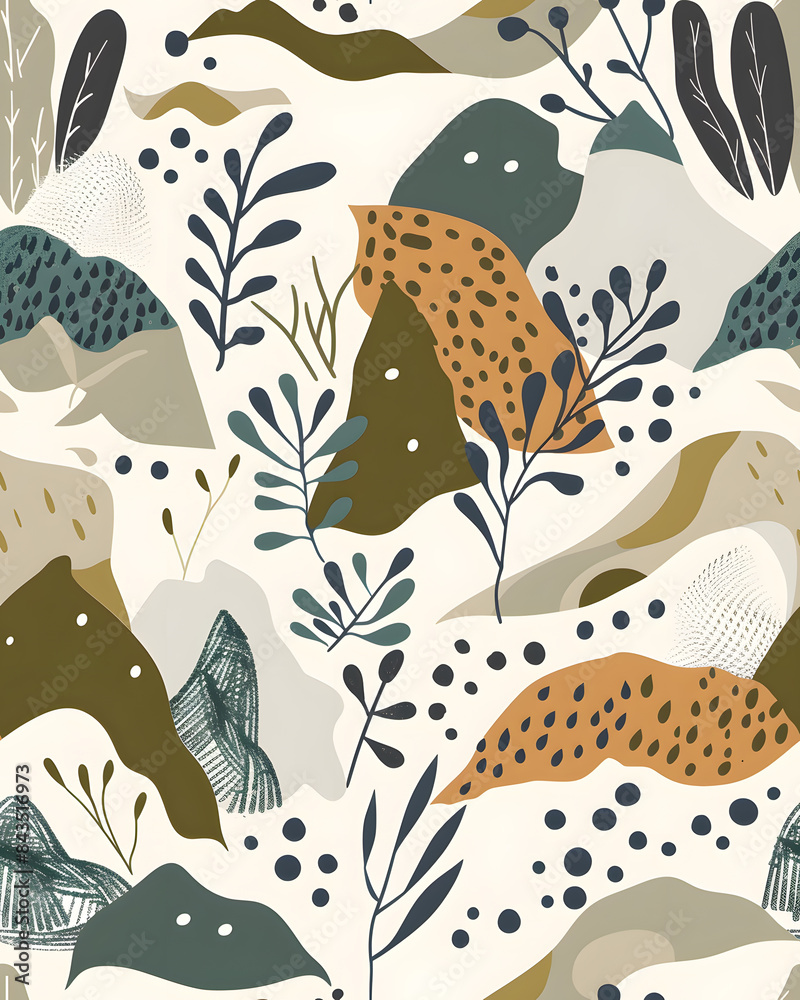 Naklejka premium Seamless pattern of abstract Scandinavian art print with blend organic shapes and elements