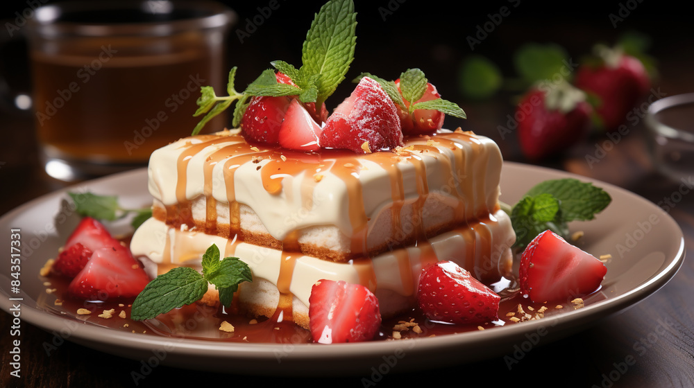 Rich and creamy panna cotta with strawberries and syrup. Mouth-watering Italian dessert Rich and creamy panna cotta with strawberries and syrup. Mouth-watering Italian dessert