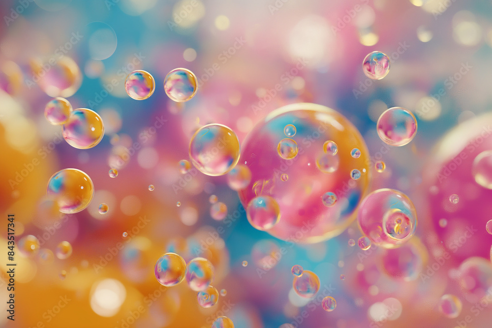 Colorful floating bubbles close-up against a blurred background Colorful floating bubbles close-up against a blurred background