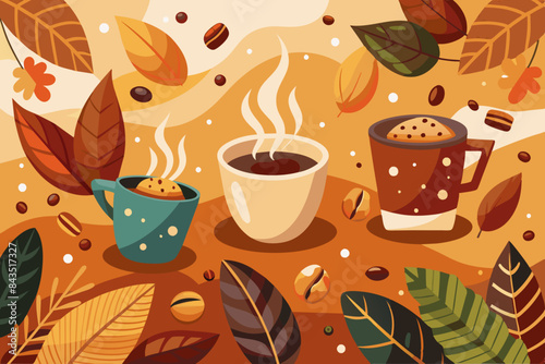 background with hand-illustrated coffee cups and beans in warm, earthy colors