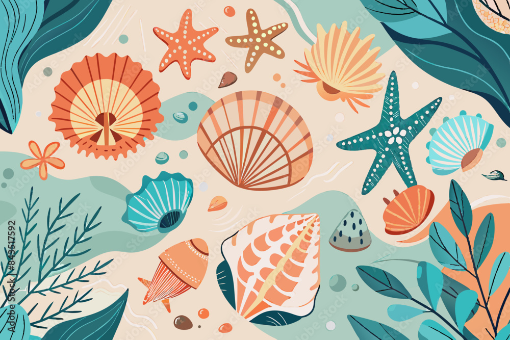 the backdrop features shells and marine life in muted coastal colors the backdrop features shells and marine life in muted coastal colors