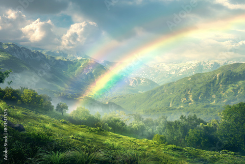 Rainbow over lush mountain landscape
