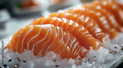 A traditional sushi bar, where fresh salmon sashimi graces a bed of crushed ice, embodying the essence of Japanese culinary tradition. Generative AI.