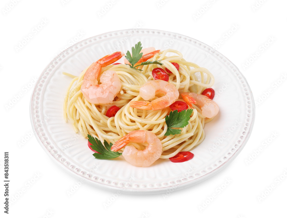 Tasty spaghetti with shrimps, chili pepper and parsley isolated on white Tasty spaghetti with shrimps, chili pepper and parsley isolated on white