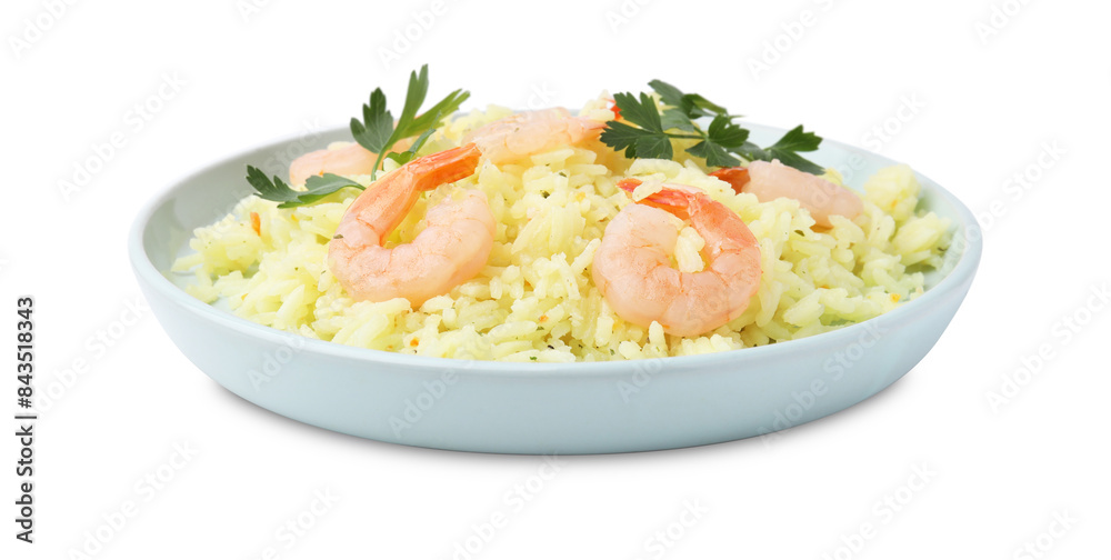 Delicious risotto with shrimps and parsley isolated on white Delicious risotto with shrimps and parsley isolated on white