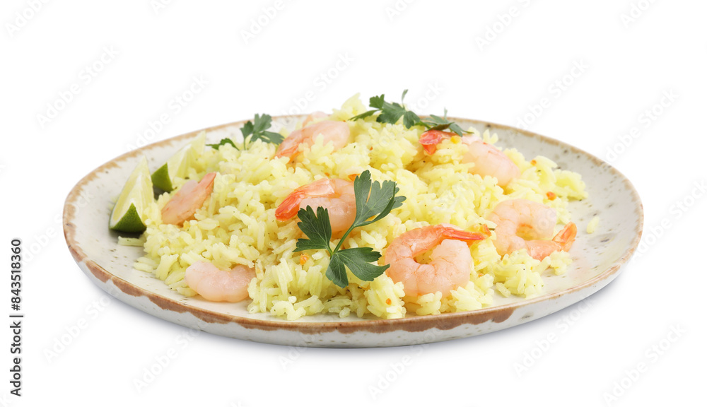 Delicious risotto with shrimps, lime and parsley isolated on white Delicious risotto with shrimps, lime and parsley isolated on white