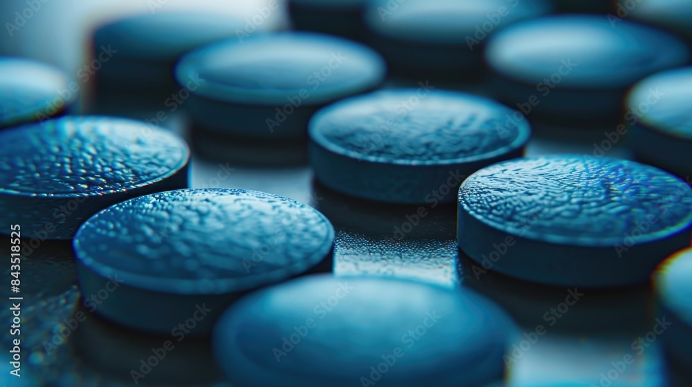 Blue round tablets on a table. Blue round tablets on a table.