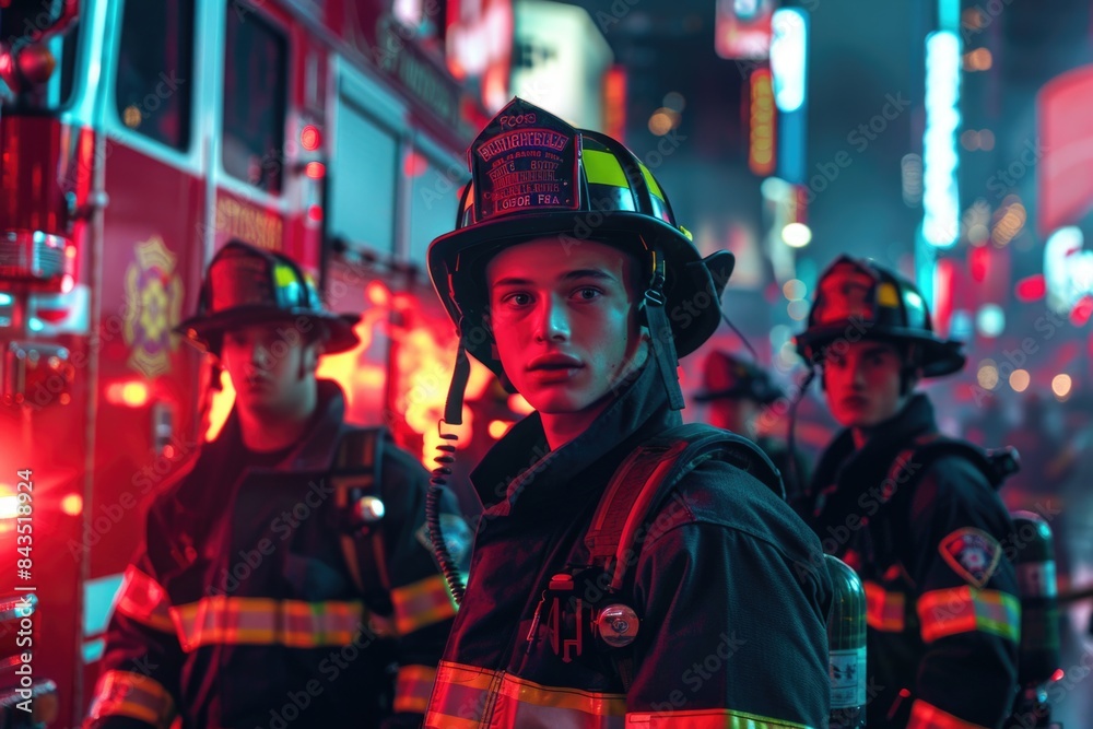 A group of young male firefighters in uniform stand on the street. A group of young male firefighters in uniform stand on the street.