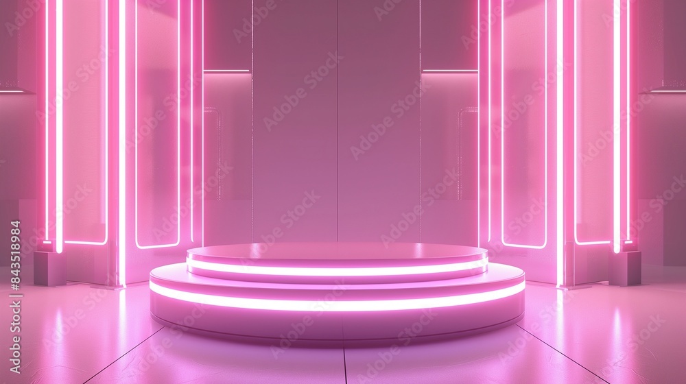 Technological Studio Background with Neon Panels in blush Colors. Futuristic Podium for Product Presentation Technological Studio Background with Neon Panels in blush Colors. Futuristic Podium for Product Presentation