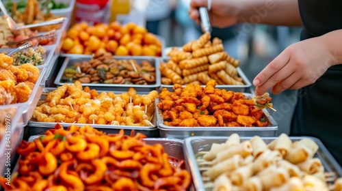 Photo of a person trying various street snacks and treats at a street food festival. --no text --ar 16:9 --quality 0.5 Job ID: 38d57b76-6485-46ac-b437-229428e82a2c photo