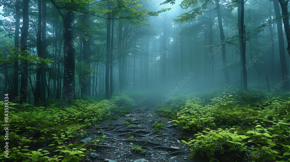 Fototapeta premium Early morning misty forest woods. Generative AI.