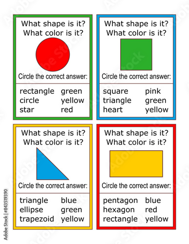 Shape and color quiz. Educational flash cards or worksheet. Teach, learn, reinforce basic math and colors concepts.
