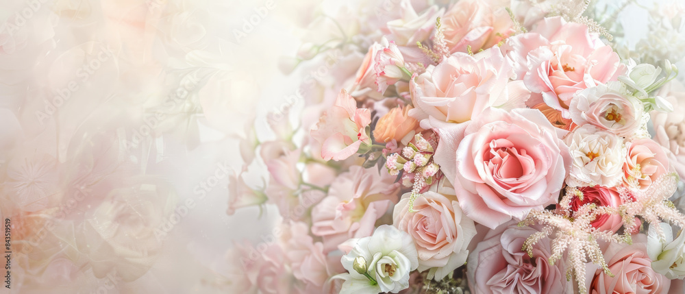 A stunning pastel flower bouquet featuring roses and chrysanthemums; soft, dreamy shades intertwine, exuding elegance and classic romanticism. A stunning pastel flower bouquet featuring roses and chrysanthemums; soft, dreamy shades intertwine, exuding elegance and classic romanticism.
