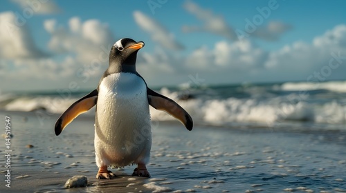 Penguin Standing on Beach with Spread Wings and Ocean View