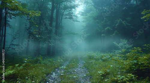 Early morning misty forest woods. Generative AI.