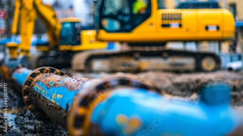 Water drainage blue pipe in wet area. Land reclamation systems and the environment. Perforated large diameter plastic tube