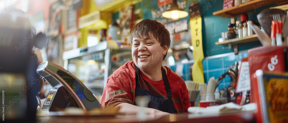 A cheerful barista with a warm smile serves customers in a cozy, colorful café, radiating joy and hospitality. A cheerful barista with a warm smile serves customers in a cozy, colorful café, radiating joy and hospitality.