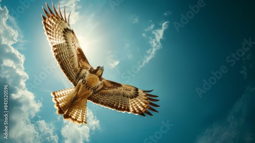 Hawk Soaring in Sunlit Sky with Clouds